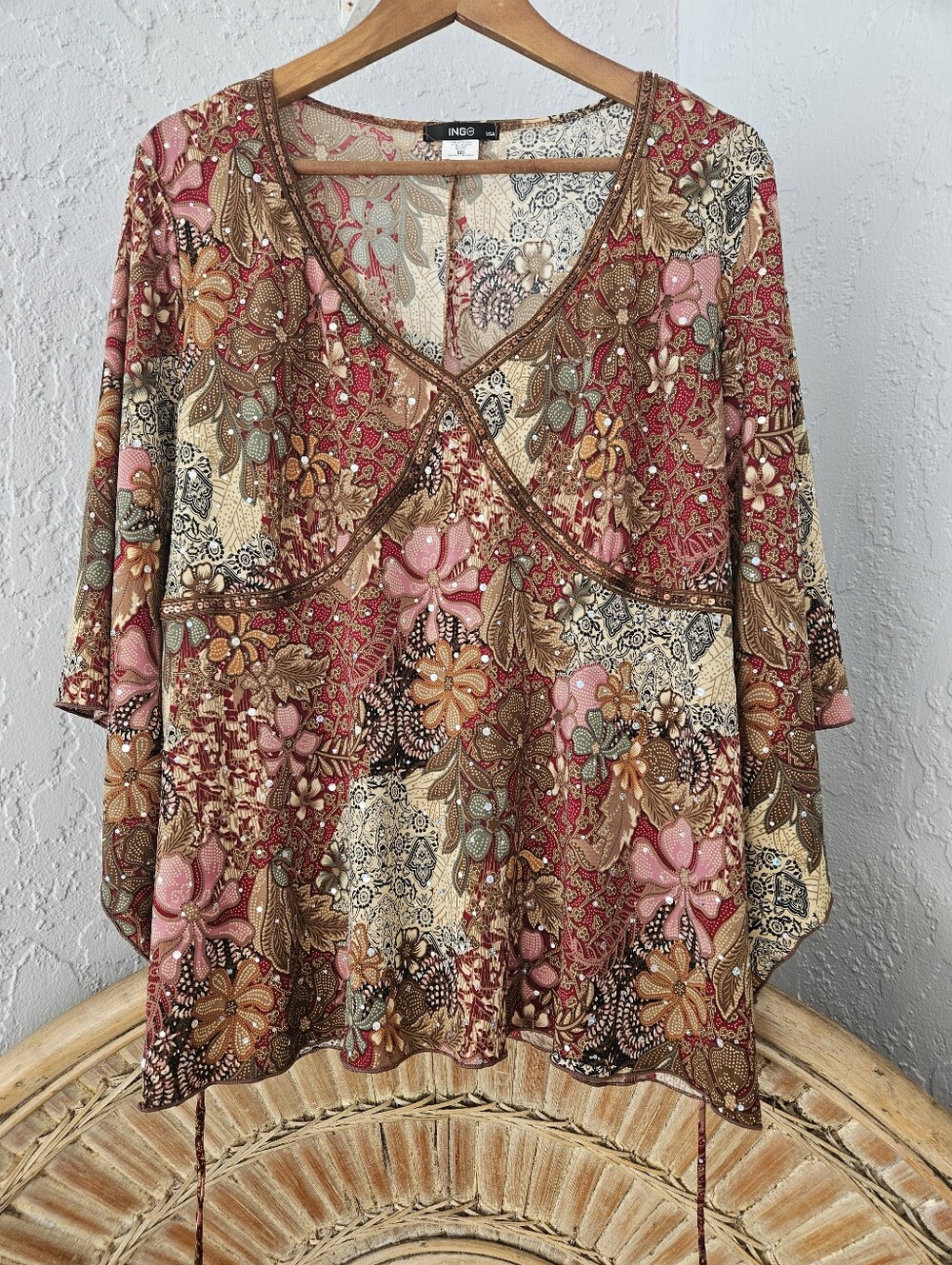 Vtg Ing+ USA Y2k Boho Women 3X Flowy Floral Sequin Festival Feminine Blouse - Picture 9 of 13